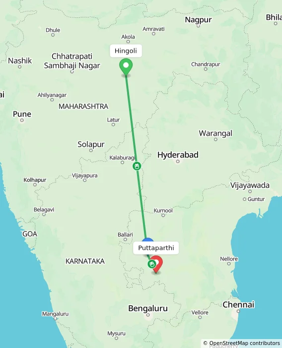 Route map showing distance and travel time from Hingoli, India to Puttaparthi, India