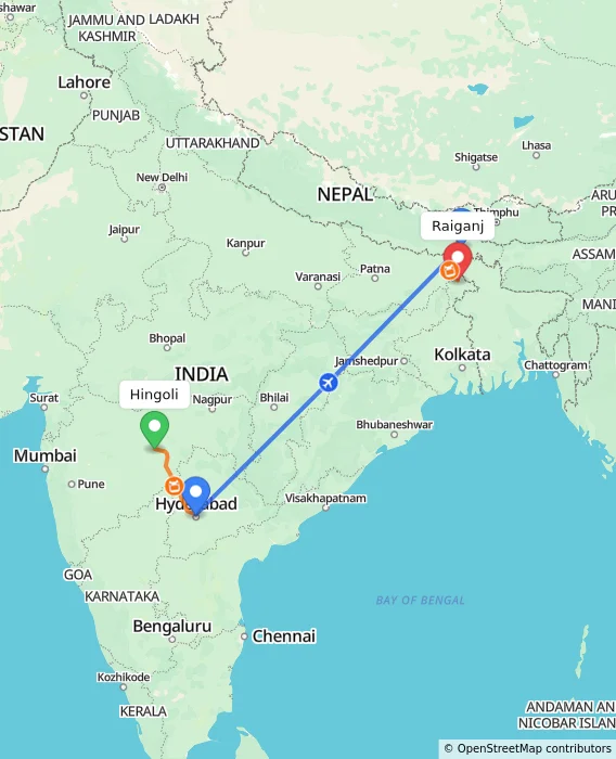 Route map showing distance and travel time from Hingoli, India to Raiganj, India