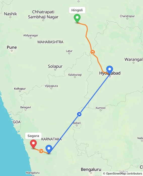 Route map showing distance and travel time from Hingoli, India to Sagara, India