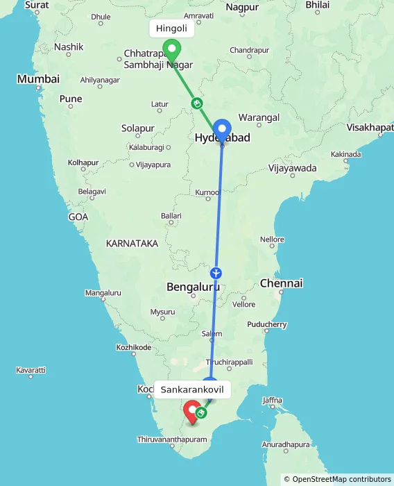 Route map showing distance and travel time from Hingoli, India to Sankarankovil, India