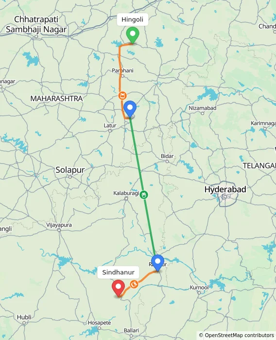 Route map showing distance and travel time from Hingoli, India to Sindhanur, India