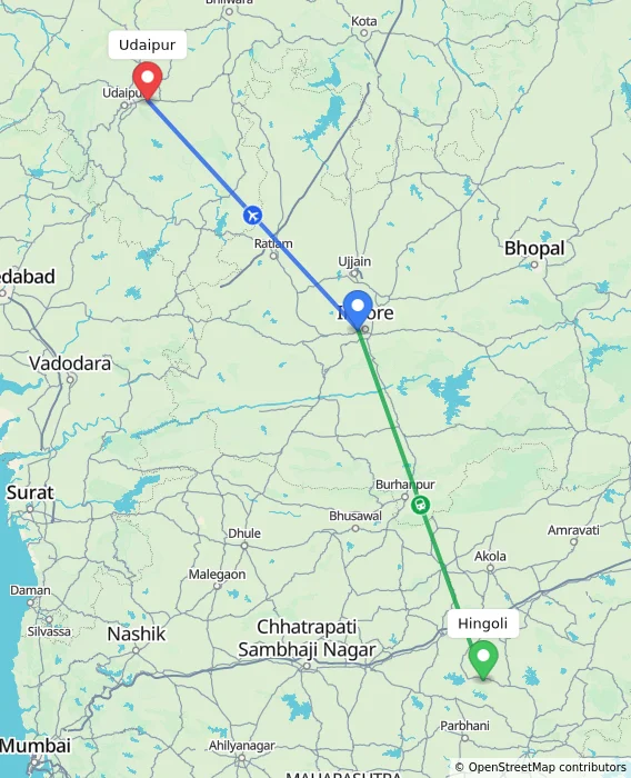 Route map showing distance and travel time from Hingoli, India to Udaipur, India