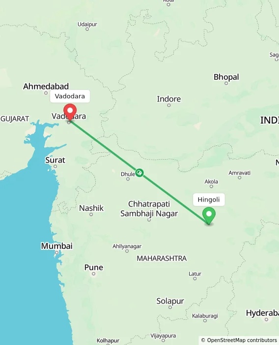 Route map showing distance and travel time from Hingoli, India to Vadodara, India