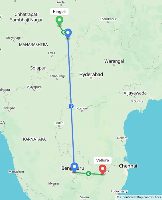 Route map showing distance and travel time from Hingoli, India to Vellore, India