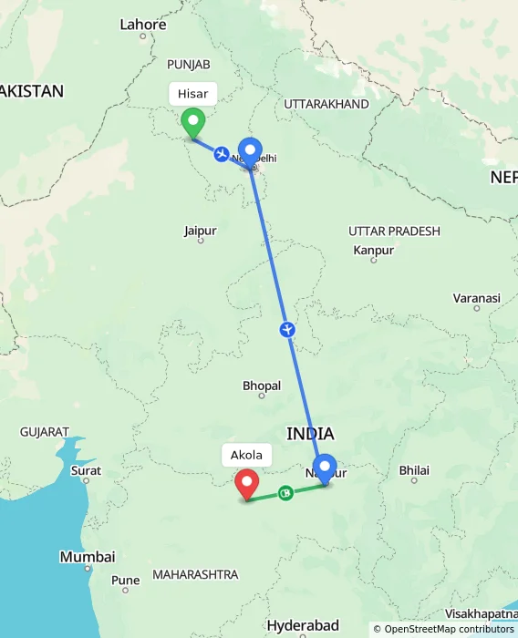 Route map showing distance and travel time from Hisar, India to Akola, India