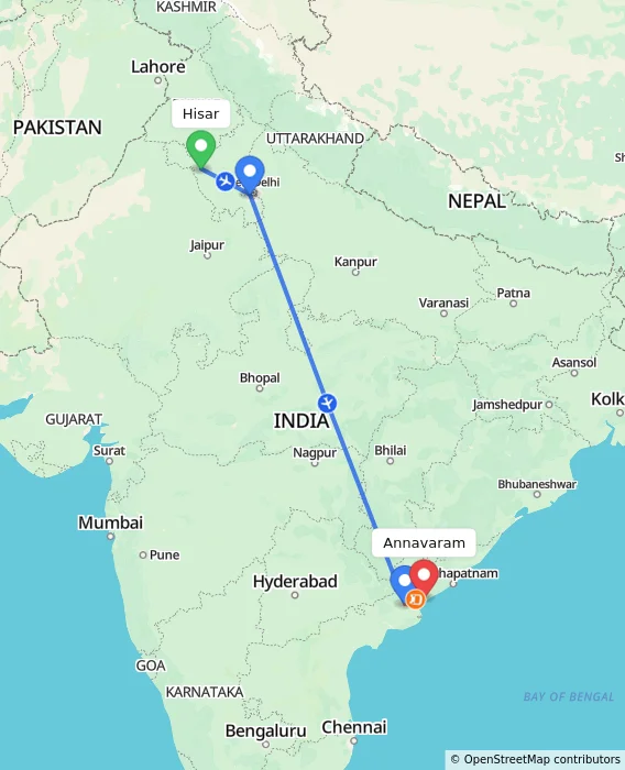 Route map showing distance and travel time from Hisar, India to Annavaram, India
