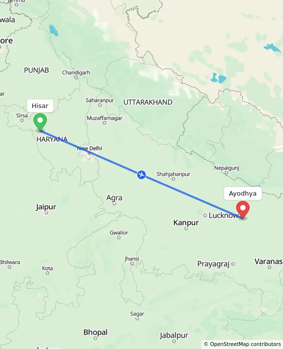 Route map showing distance and travel time from Hisar, India to Ayodhya, India