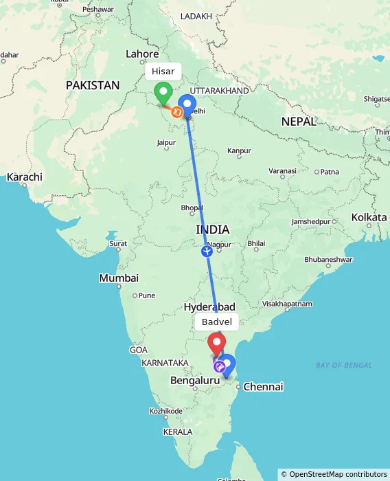 Route map showing distance and travel time from Hisar, India to Badvel, India