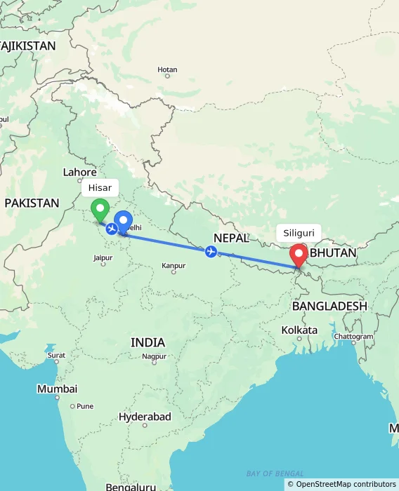 Route map showing distance and travel time from Hisar, India to Bagdogra, India