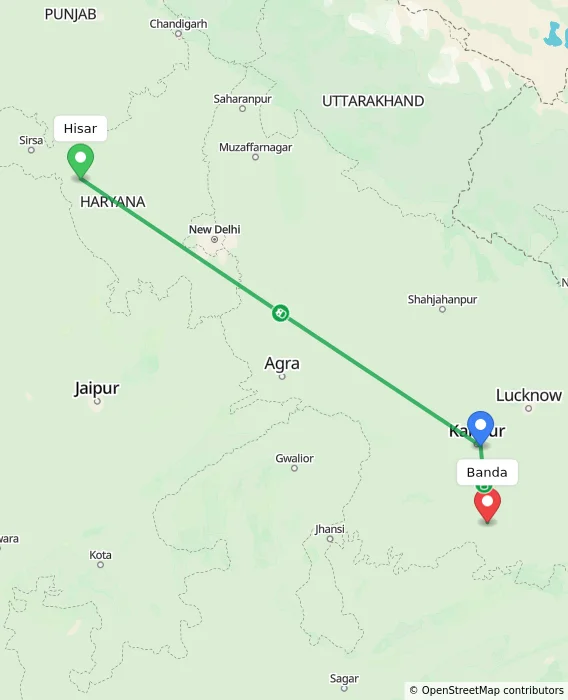 Route map showing distance and travel time from Hisar, India to Banda, India