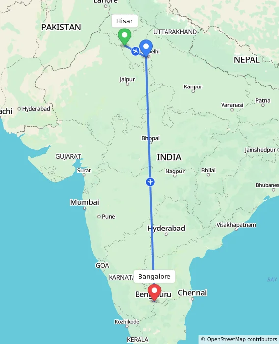 Route map showing distance and travel time from Hisar, India to Bangalore, India