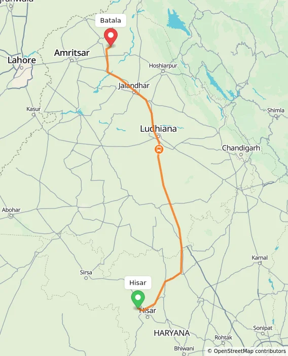 Route map showing distance and travel time from Hisar, India to Batala, India