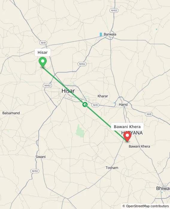 Route map showing distance and travel time from Hisar, India to Bawani Khera, India