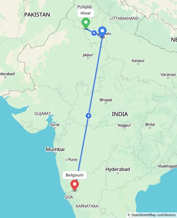 Route map showing distance and travel time from Hisar, India to Belgaum, India