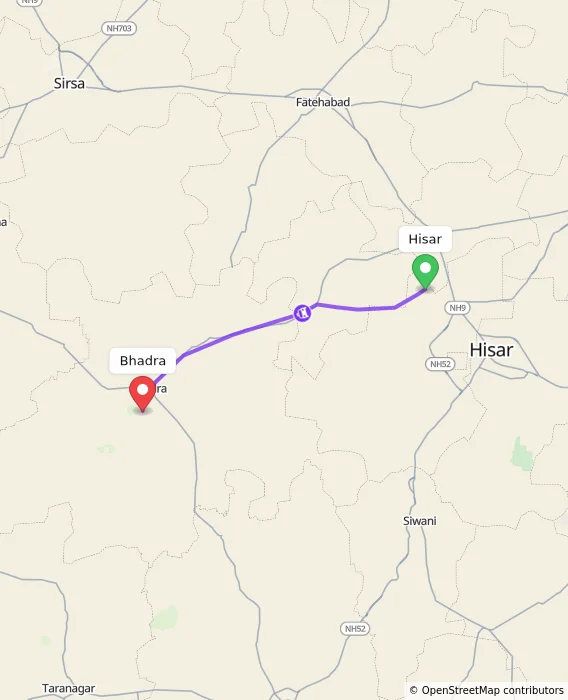 Route map showing distance and travel time from Hisar, India to Bhadra, India