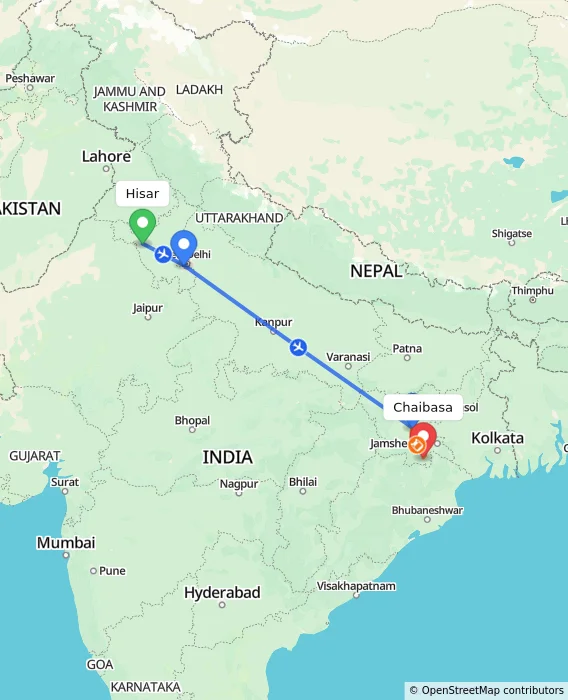 Route map showing distance and travel time from Hisar, India to Chaibasa, India