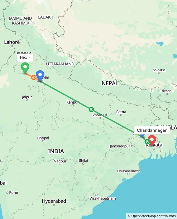 Route map showing distance and travel time from Hisar, India to Chandannagar, India