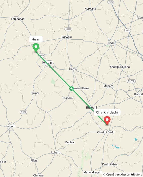 Route map showing distance and travel time from Hisar, India to Charkhi dadri, India