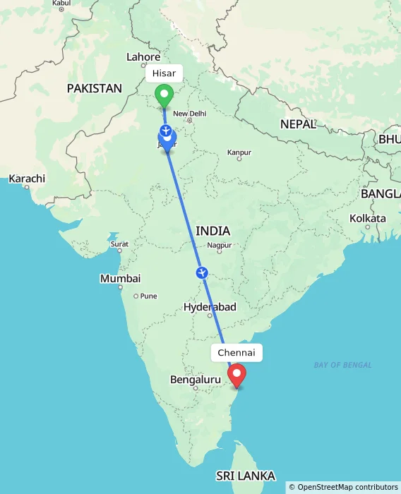 Route map showing distance and travel time from Hisar, India to Chennai, India