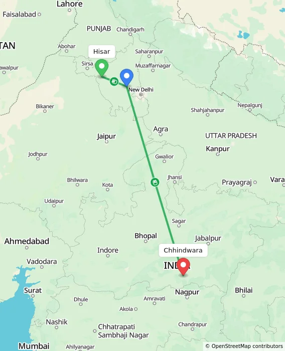 Route map showing distance and travel time from Hisar, India to Chhindwara, India