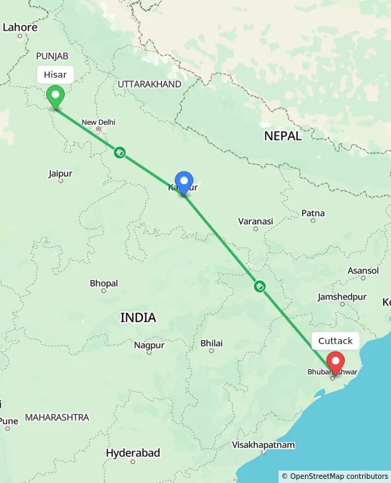 Route map showing distance and travel time from Hisar, India to Cuttack, India