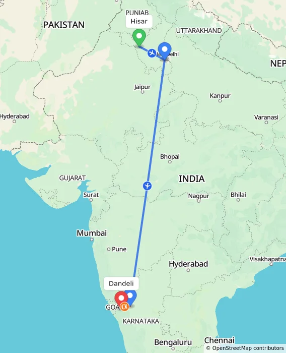 Route map showing distance and travel time from Hisar, India to Dandeli, India