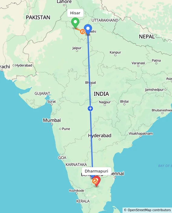 Route map showing distance and travel time from Hisar, India to Dharmapuri, India