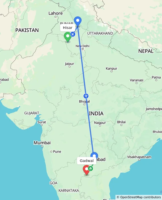 Route map showing distance and travel time from Hisar, India to Gadwal, India