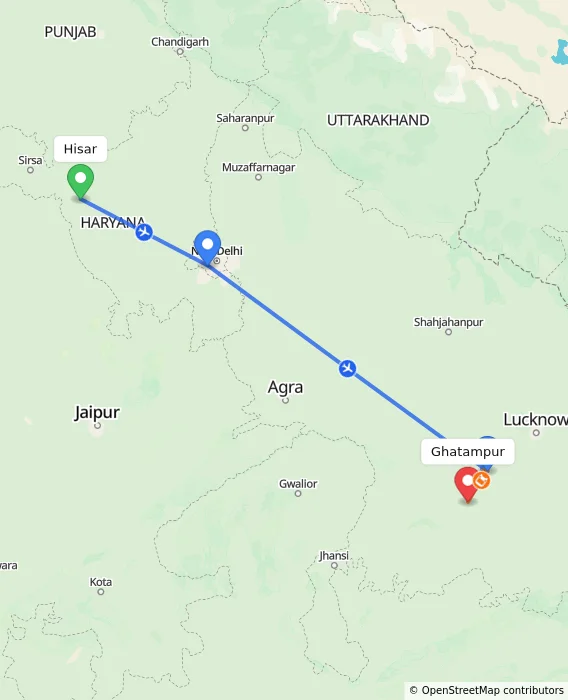 Route map showing distance and travel time from Hisar, India to Ghatampur, India