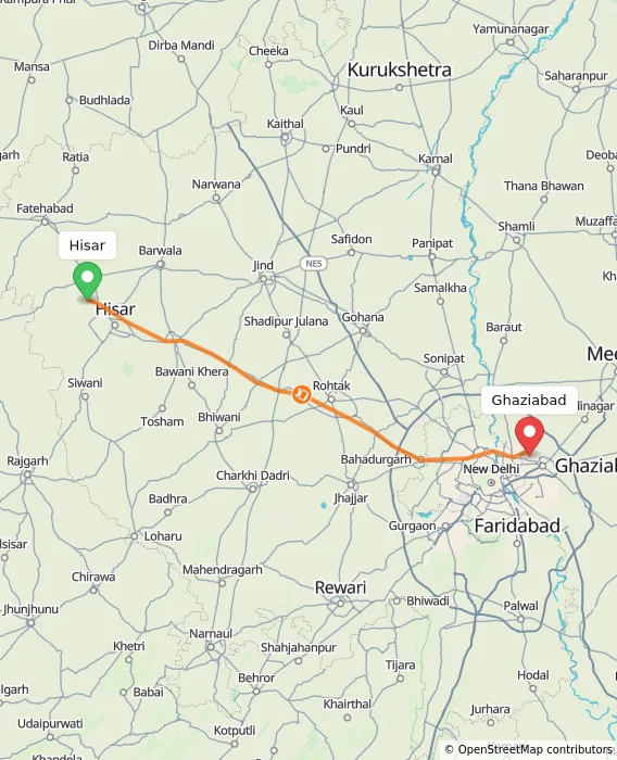 Route map showing distance and travel time from Hisar, India to Ghaziabad, India