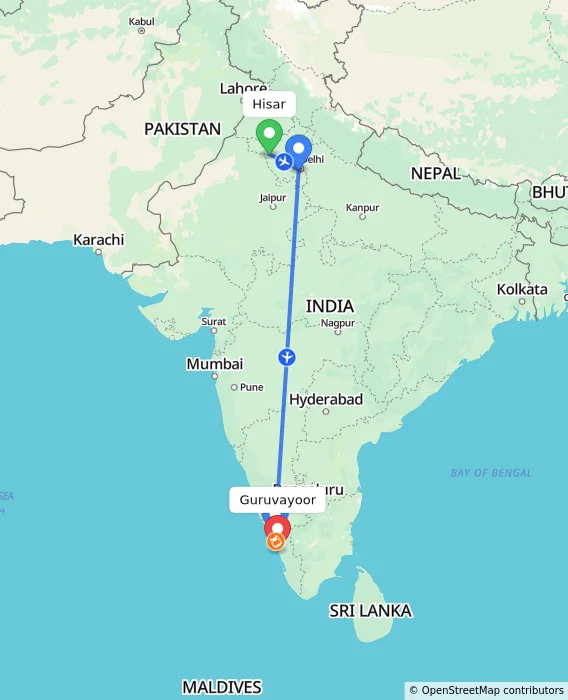 Route map showing distance and travel time from Hisar, India to Guruvayoor, India