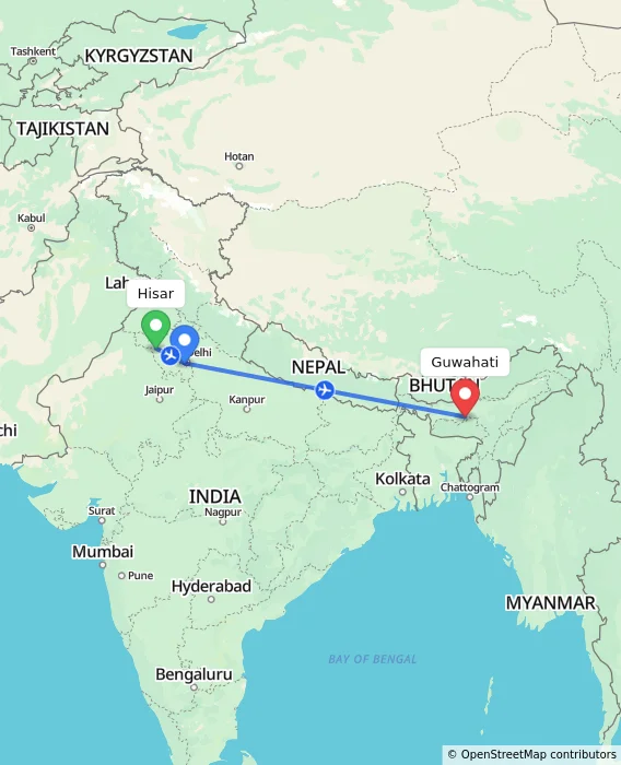 Route map showing distance and travel time from Hisar, India to Guwahati, India
