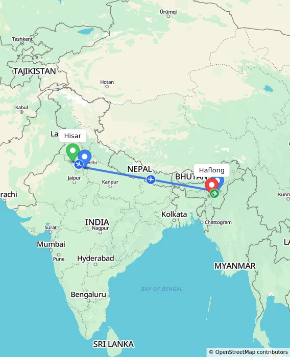 Route map showing distance and travel time from Hisar, India to Haflong, India