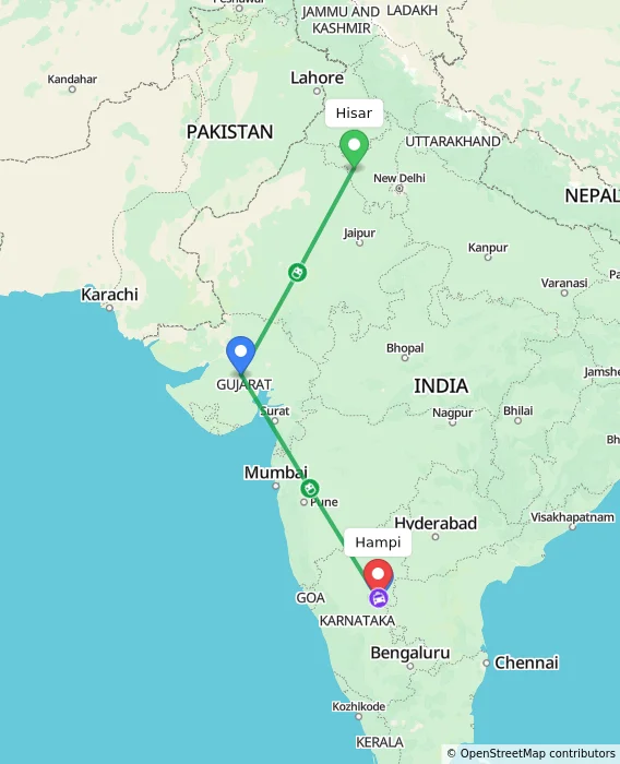 Route map showing distance and travel time from Hisar, India to Hampi, India