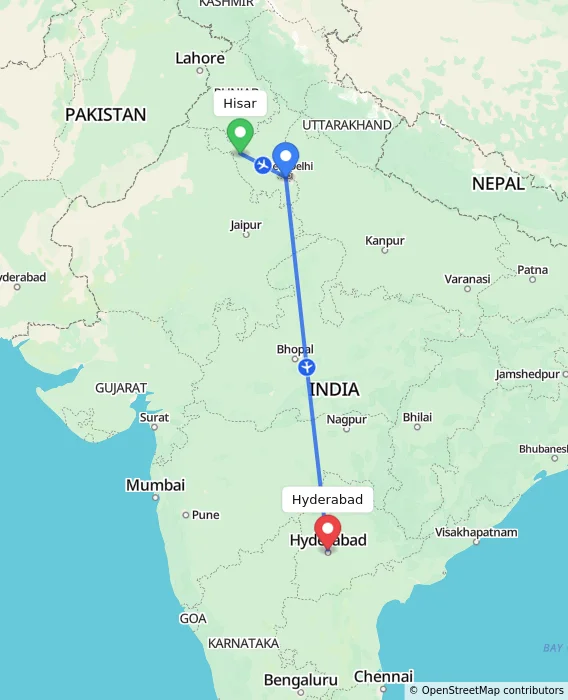 Route map showing distance and travel time from Hisar, India to Hyderabad, India