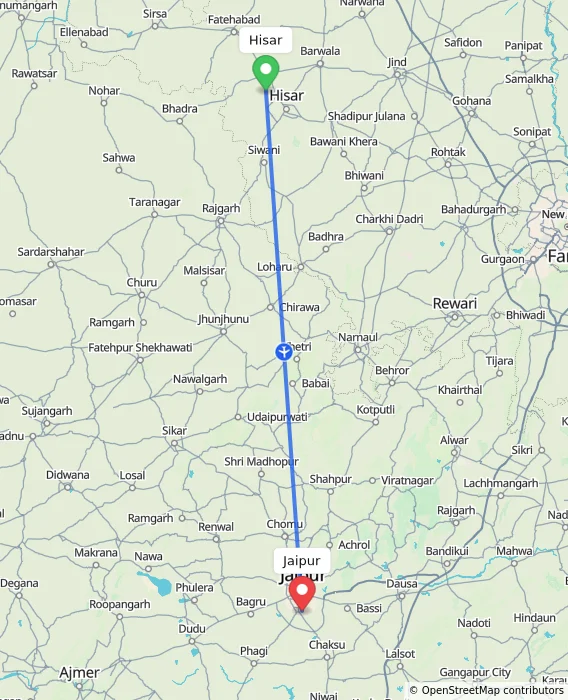 Route map showing distance and travel time from Hisar, India to Jaipur, India