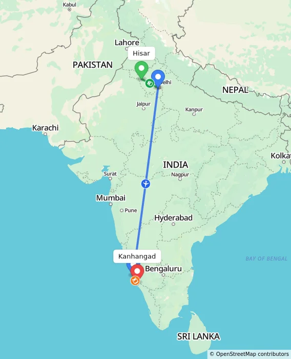 Route map showing distance and travel time from Hisar, India to Kanhangad, India