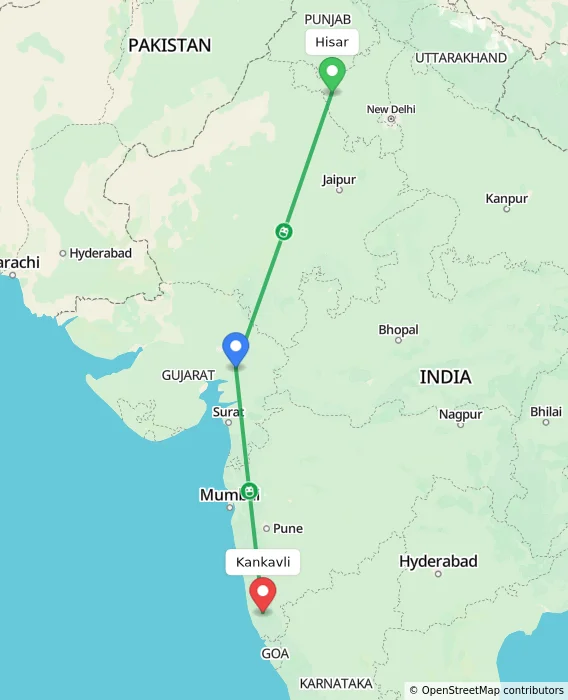 Route map showing distance and travel time from Hisar, India to Kankavli, India