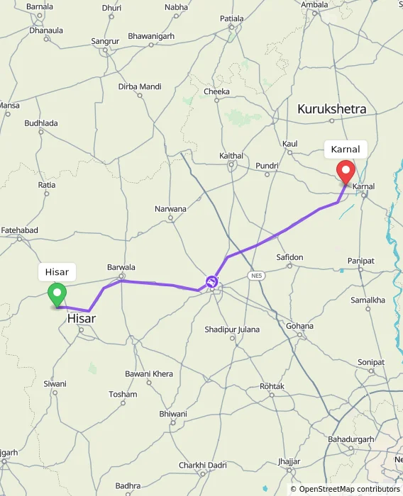 Route map showing distance and travel time from Hisar, India to Karnal, India