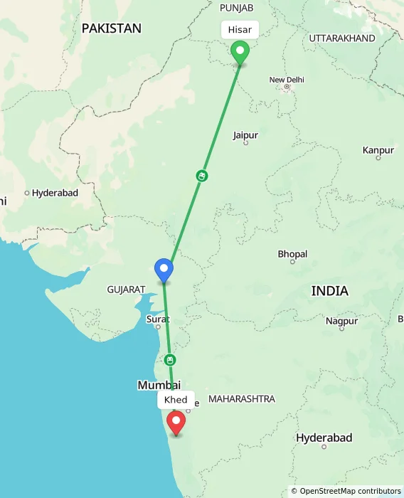 Route map showing distance and travel time from Hisar, India to Khed, India