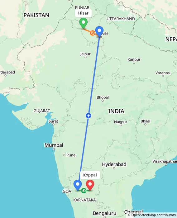 Route map showing distance and travel time from Hisar, India to Koppal, India