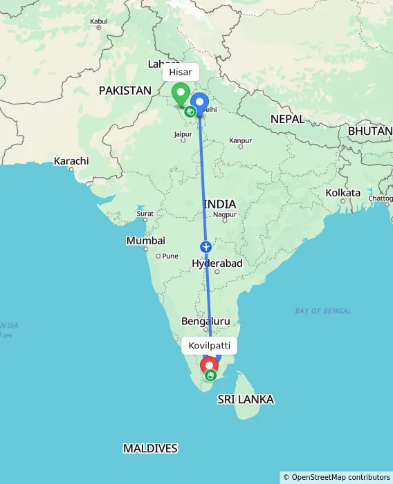 Route map showing distance and travel time from Hisar, India to Kovilpatti, India