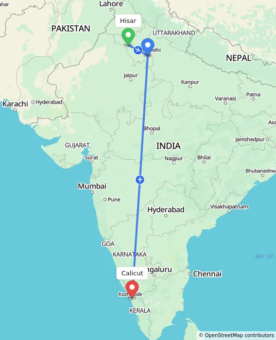 Route map showing distance and travel time from Hisar, India to Kozhikode, India