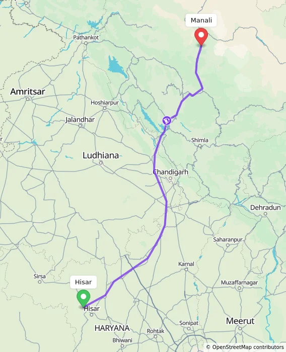 Route map showing distance and travel time from Hisar, India to Manali, India