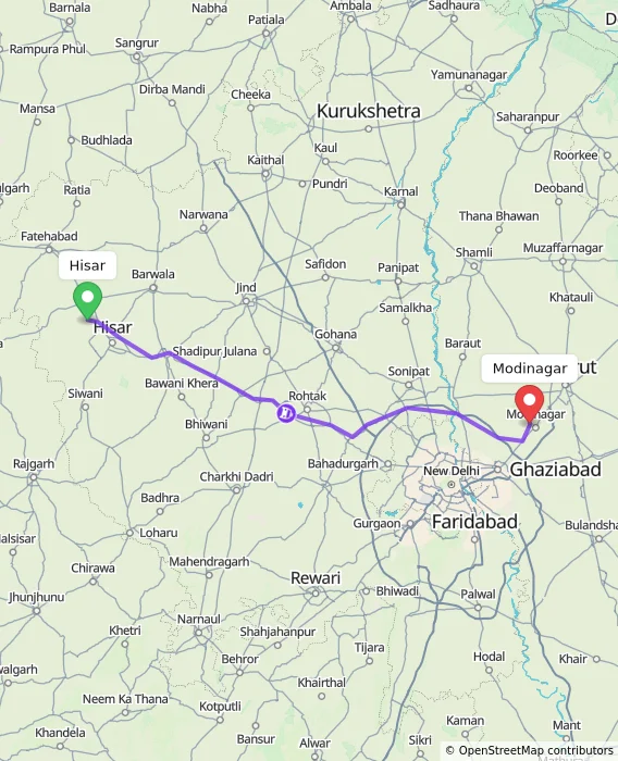 Route map showing distance and travel time from Hisar, India to Modinagar, India