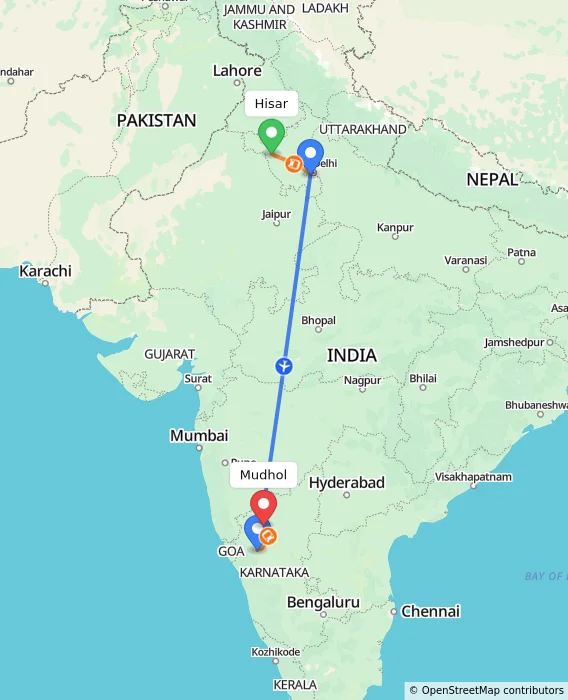 Route map showing distance and travel time from Hisar, India to Mudhol, India