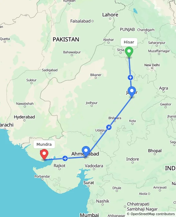 Route map showing distance and travel time from Hisar, India to Mundra, India