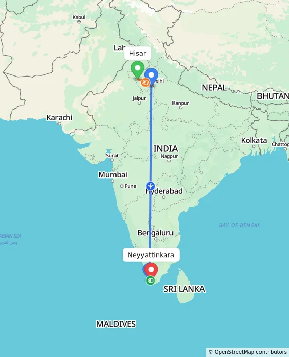Route map showing distance and travel time from Hisar, India to Neyyattinkara, India