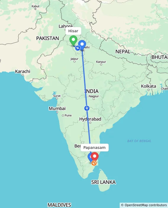 Route map showing distance and travel time from Hisar, India to Papanasam, India