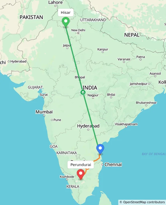 Route map showing distance and travel time from Hisar, India to Perundurai, India